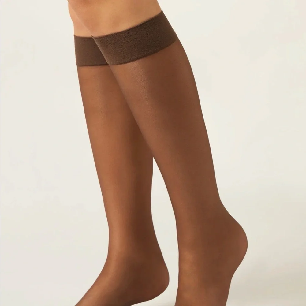 Caledonia women’s knee high socks mesh sheer moka brown